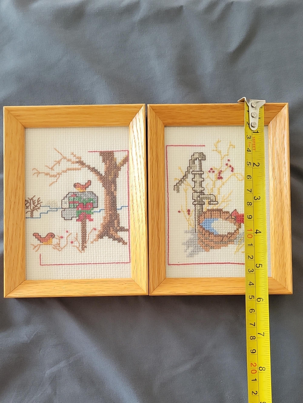 Set of Two Framed Cross Stitch Bird Prints in Light Wood Frames